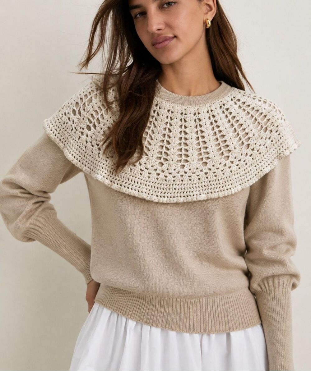 NWOT Tuckernuck Annette Ivory Crochet Knit Capelet Yoke Sweater, XS $168 G17